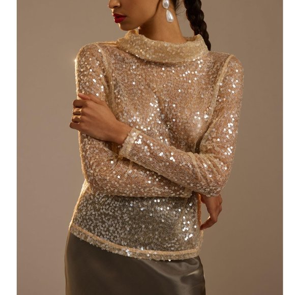Anthropologie Sunday in Brooklyn Sheer Sequin Turtleneck Gold Champagne Small - Picture 3 of 11